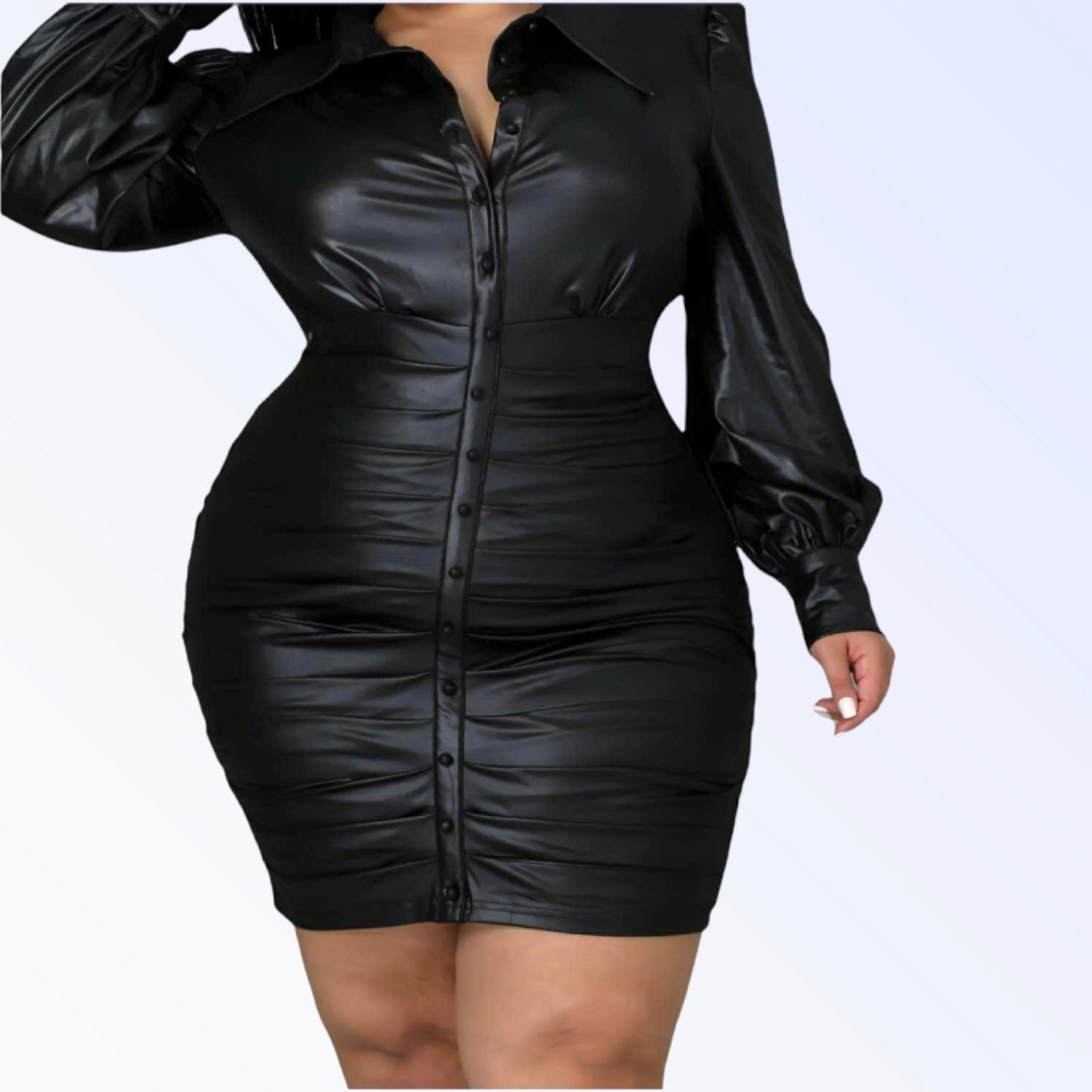 Chic Black Long Sleeve Faux Leather Dress